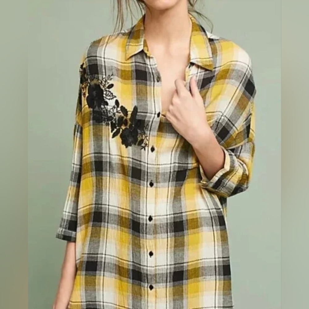 Maeve Yellow and Black Plaid Shirt Embroidered Drop Shoulder Size XS
